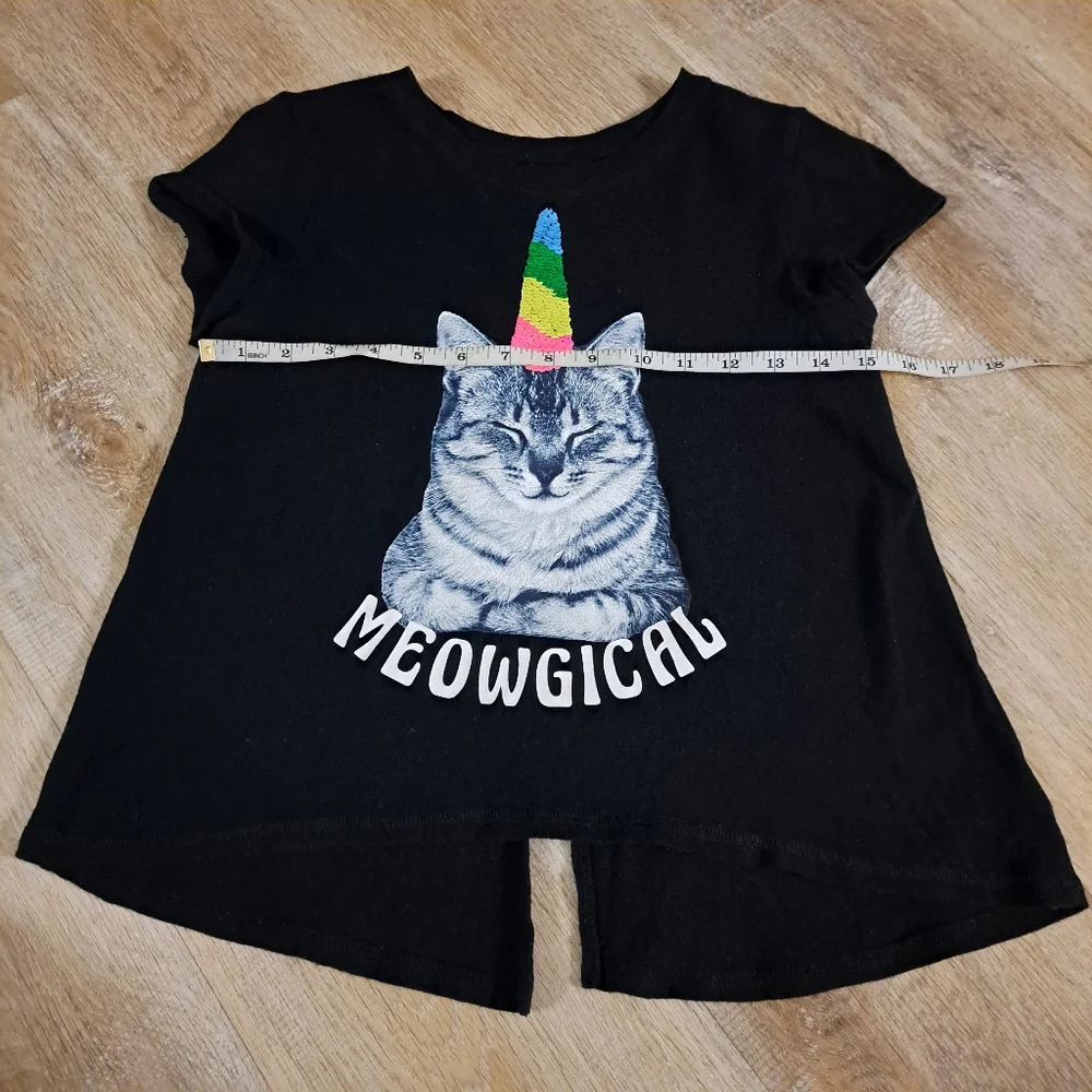 Old Navy Sequin Black Meowgical Cat Split-Back T-Shirt Girl's Large 10-12